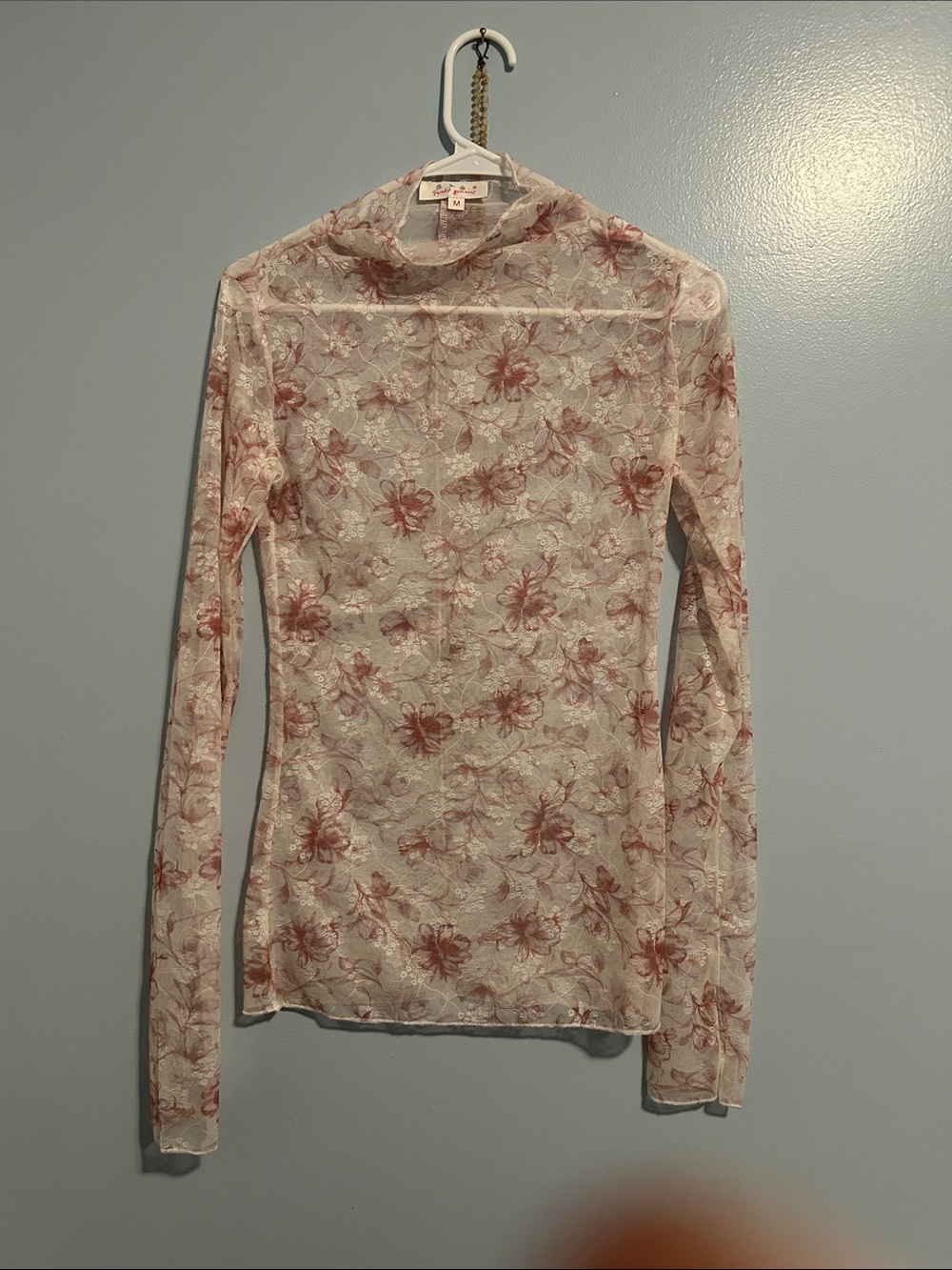 Sheer Floral Mesh Long-Sleeve Top in White with Dusty Rose